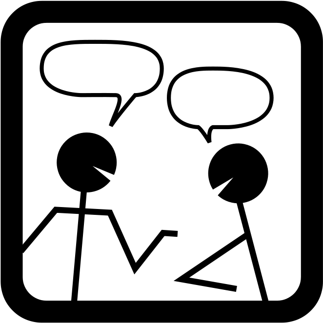 An illustration of two stick figures, each with a blank speech bubble.