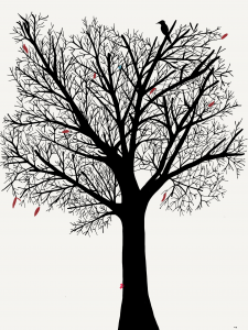 A silhouette of a leaveless tree in black on a white background. There are a few red leaves and a bird sits at the top of the tree, also in silhouette.