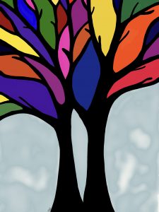 A multicoloured drawing of a tree.