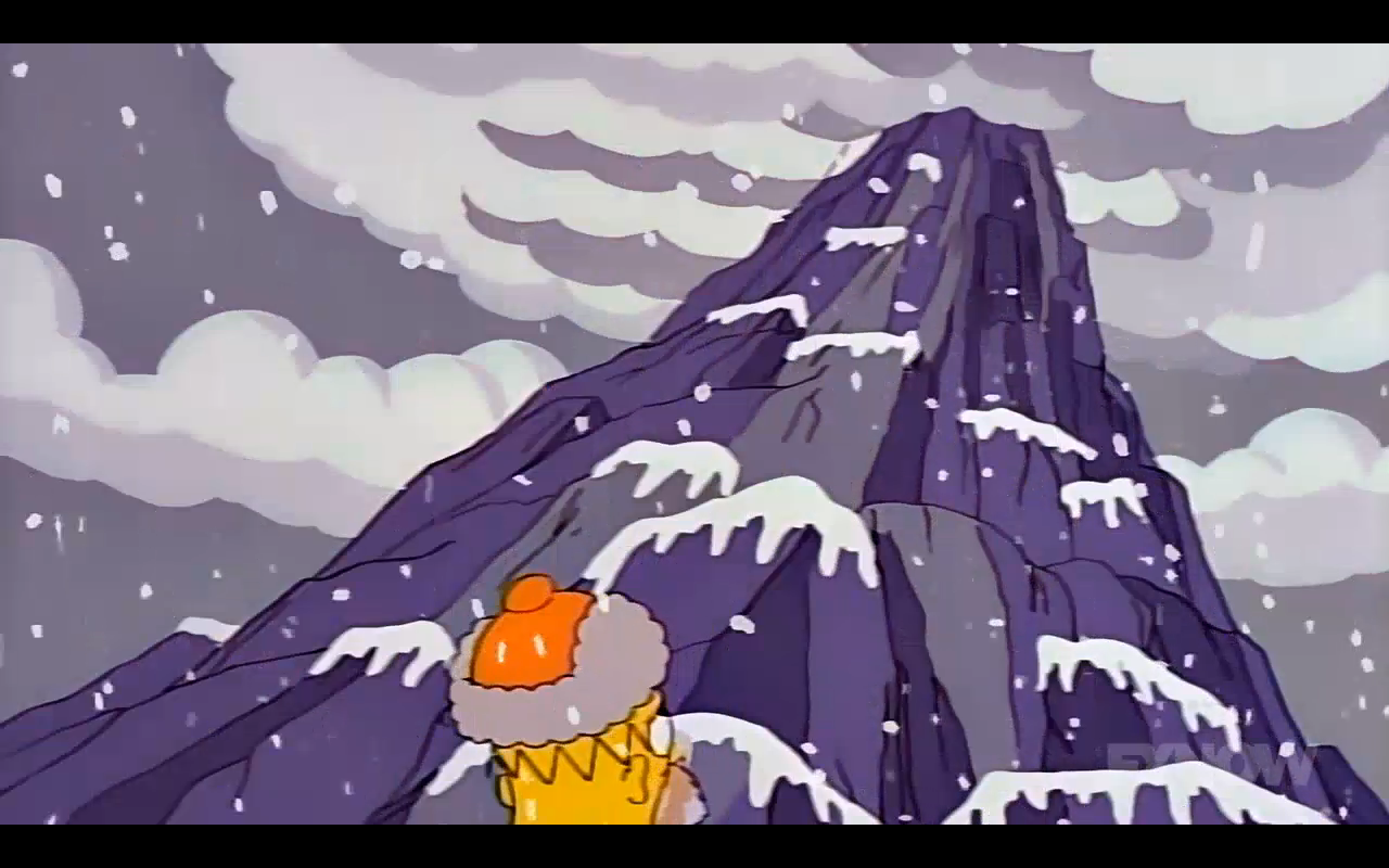 A cartoon man looks up towards the summit of a mountain
