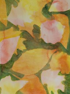 Layers of red, yellow and orange watercolour leaves are painted on a green background.