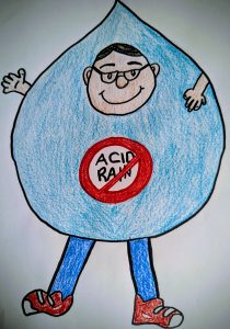 This illustration shows a drawing of a child dressed as a large raindrop. He is wearing a no acid rain sign.