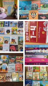 In this collage are six photos. Each photo includes several children's books with colourful covers and spines.